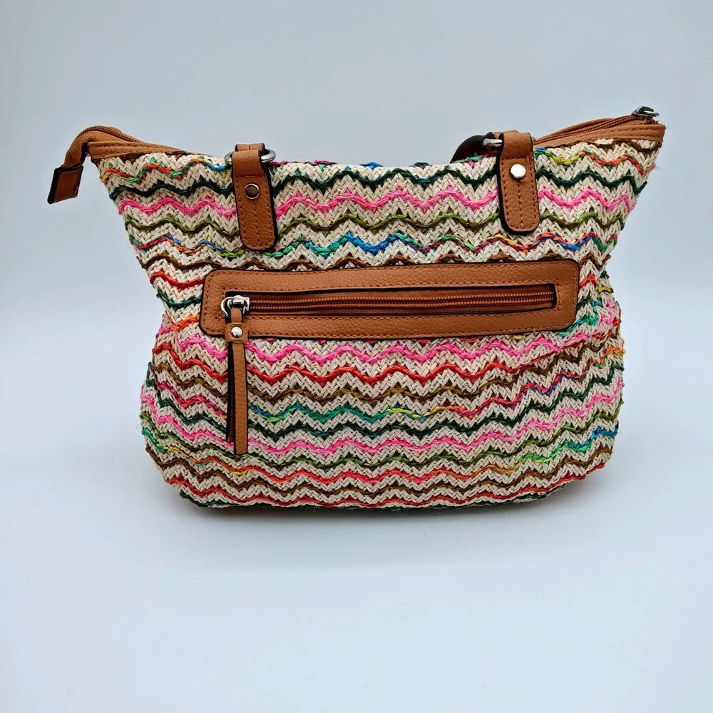 Rosetti Multicolor Chevron Woven Tote Bag Boho Straw Look Shoulder Purse - Picture 2 of 7